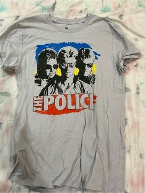 Police Short Sleeve Graphic Tee in Light Gray with Blue, Red & Yellow Print